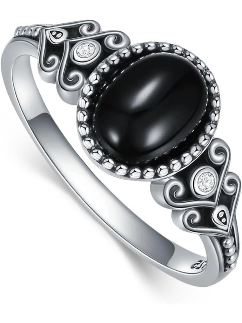 925 Sterling Silver Oxidized Black Onyx Rings for Women - Vintage Round & Heart
